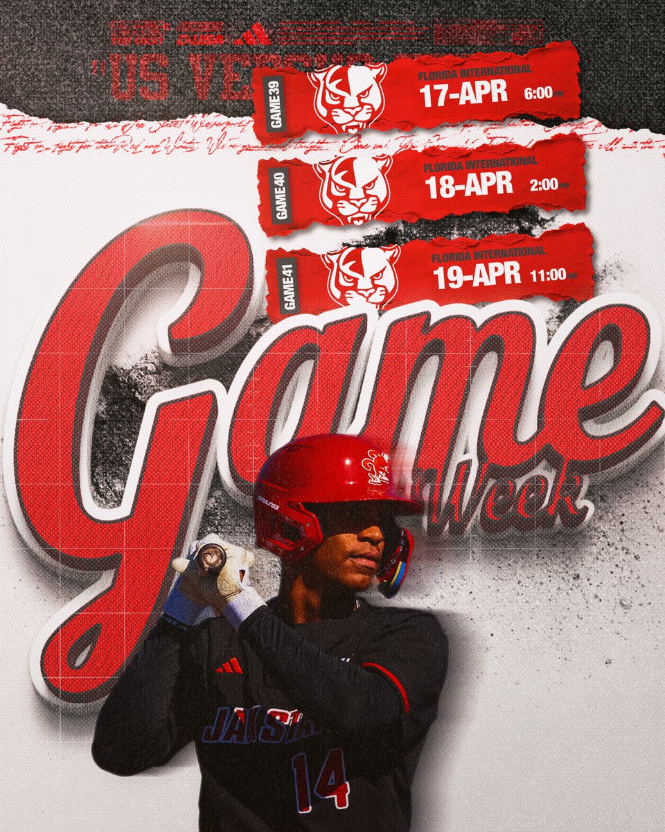 Hosting the Panthers for the weekend!

🆚 FIU
📆 Apr. 17 - Apr. 19
🎟️ JaxStateSports.com/Tickets
📺 ESPN+
📻 JSU.edu/Radio
📊 JaxStateSports.com/Stats

#StayCocky🐔 | #FearTheBeak👌