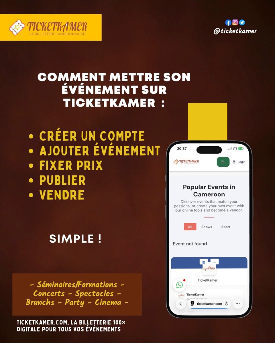 ticketkamer's tweet photo. Comment mettre son événement sur TicketKamer :
1 créer un compte
2 ajouter événement
3 fixer prix
4 publier
5 vendre
Simple.

#ticketkamer #cameroun https://t.co/yFD4I4gTWW