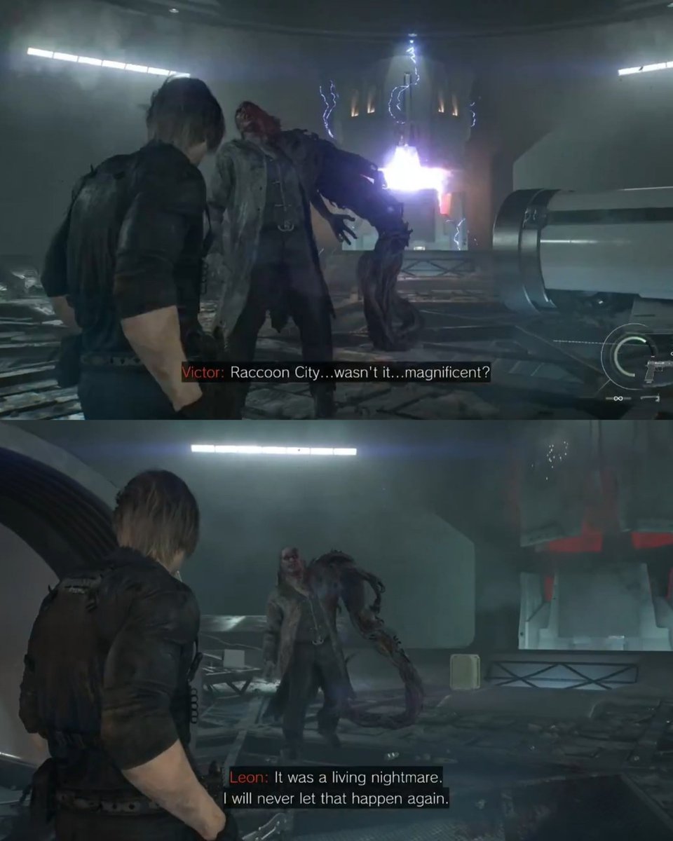 JlylLyth's tweet photo. During their final confrontation, Victor taunts Leon about how the Raccoon City tragedy was “magnificent”. 
Leon responds that he will never allow the world to witness that living nightmare repeated again, not on his watch.
#REBHFun #LeonKennedy
1/2 https://t.co/CtJTdCJ9fx