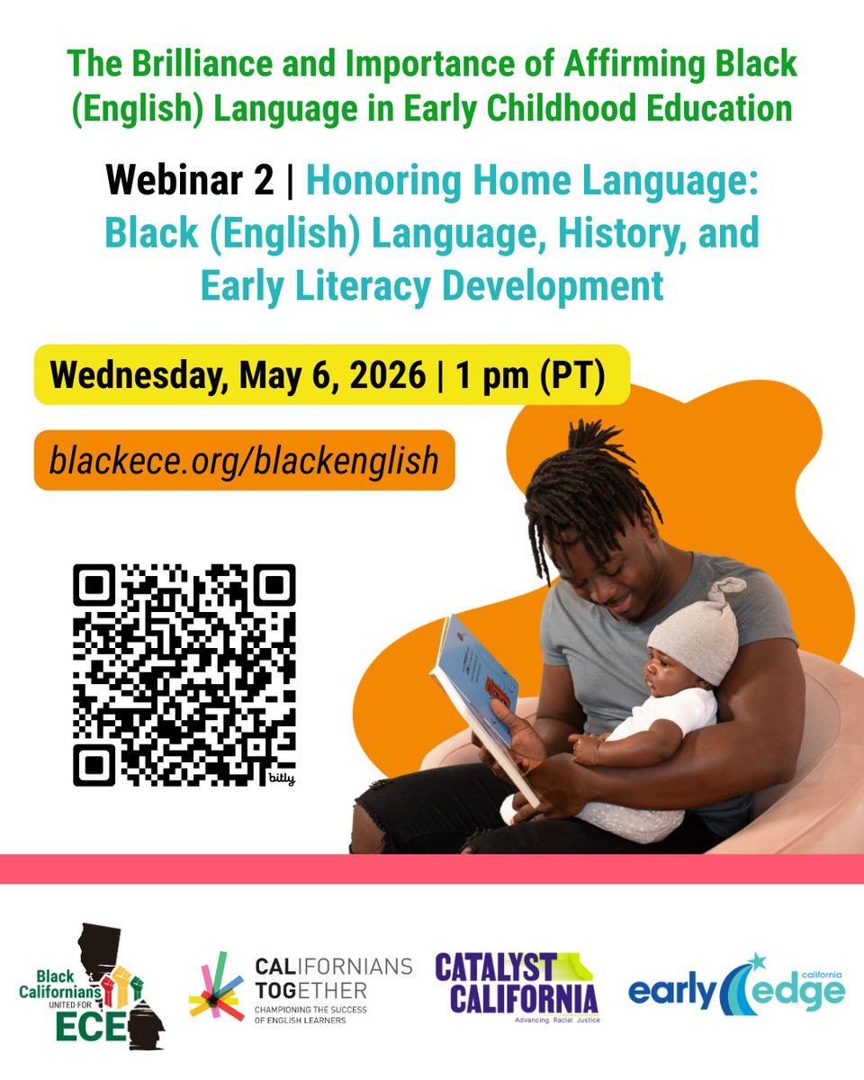 CatalystCali's tweet image. 📷 Join @blackececa, @caltog, @CatalystCali, &amp;amp; @EarlyEdgeCA for the second session of their 3-part webinar series, “Honoring Home Language: Black English, History, and Early Literacy Development” on Wednesday, 5/6 at 1 pm (PT). us02web.zoom.us/webinar/regist… #BlackChildren #BlackECE