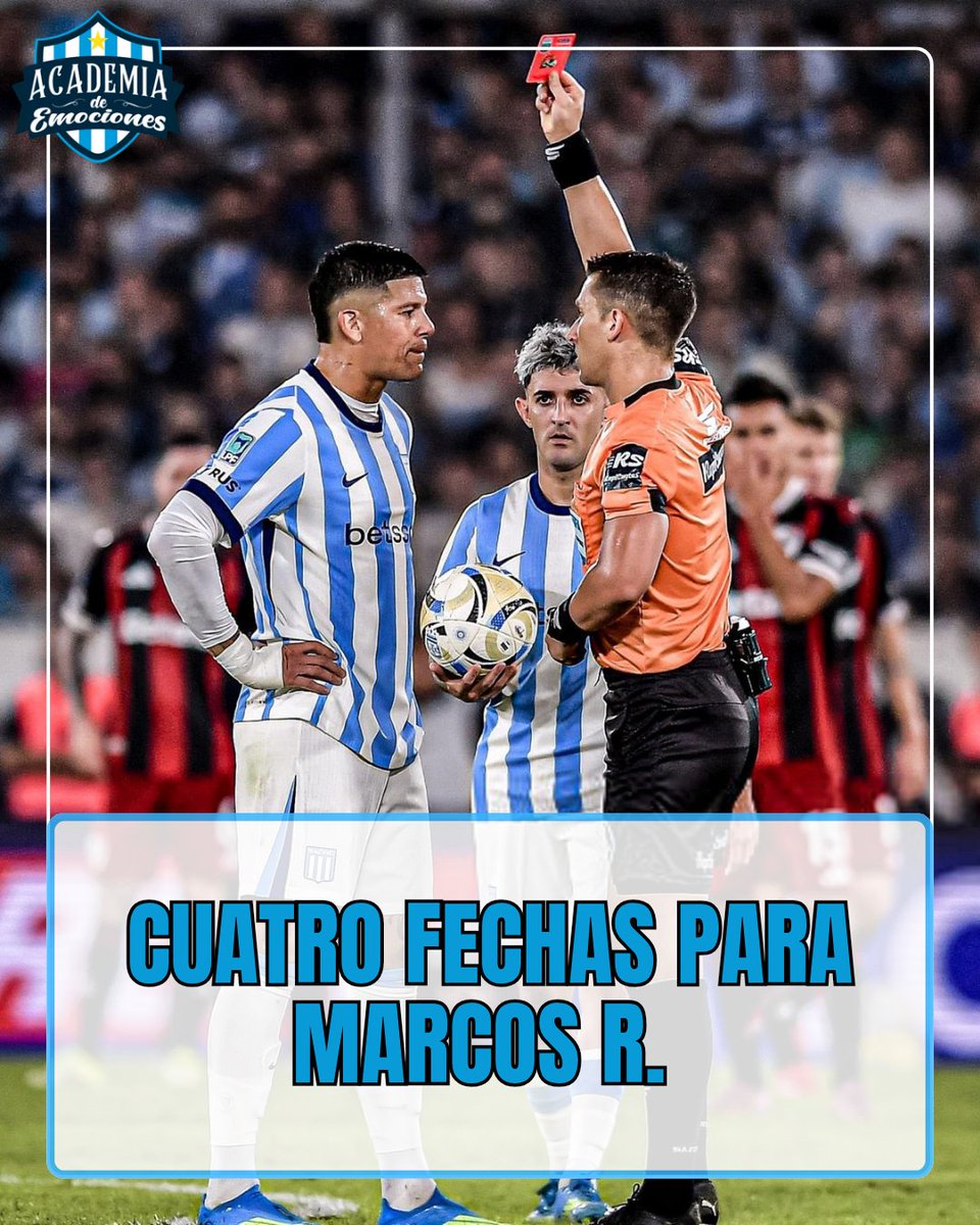 #RacingClub | SANCIÓN PARA MARCOS R. 

❌️ Marcos R. recibió una sanción de cuatro fechas por la expulsión vs. River Plate.