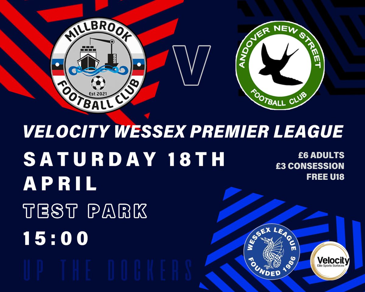 Millbrook_FC's tweet photo. 🏗️ NEXT UP 🏗️

📆 - 18.04.26
⌚ - 3.00PM
🆚 - @AndoverNSfc
🏠 - TEST PARK 
🏆 - @WessexLeague | PREMIER LEAGUE

#UpTheDockers 🏗️ https://t.co/em3Re0K00f