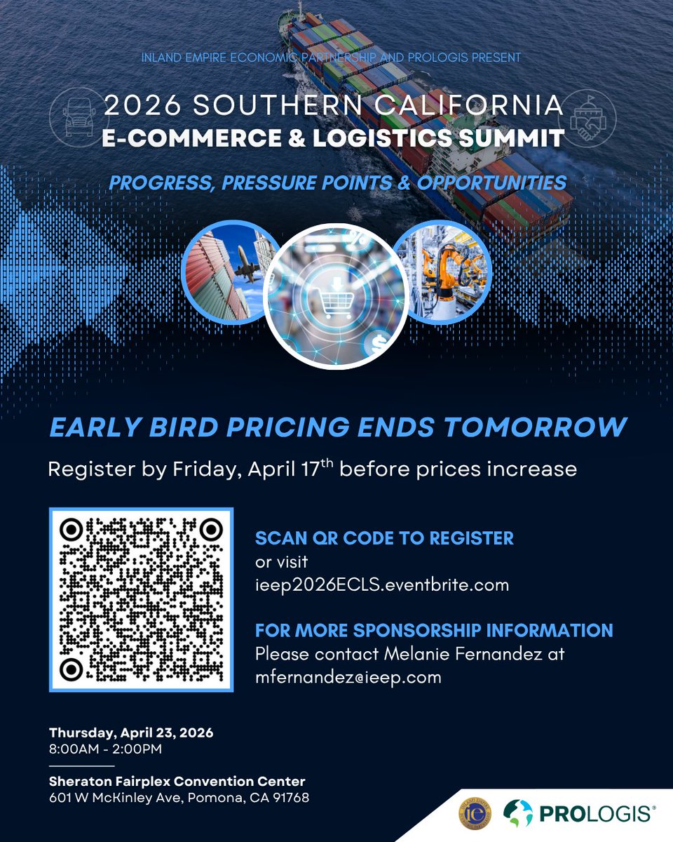 IEEP_'s tweet photo. 📣 Early Bird pricing ends TOMORROW, April 17

Don’t miss your chance to save on registration for the 2026 Southern California E-Commerce &amp; Logistics Summit.

Register at https://t.co/3w7OjQxPKS

For more event information, please contact Melanie Fernandez at MFernandez@ieep.com https://t.co/nWvEcCjQXb