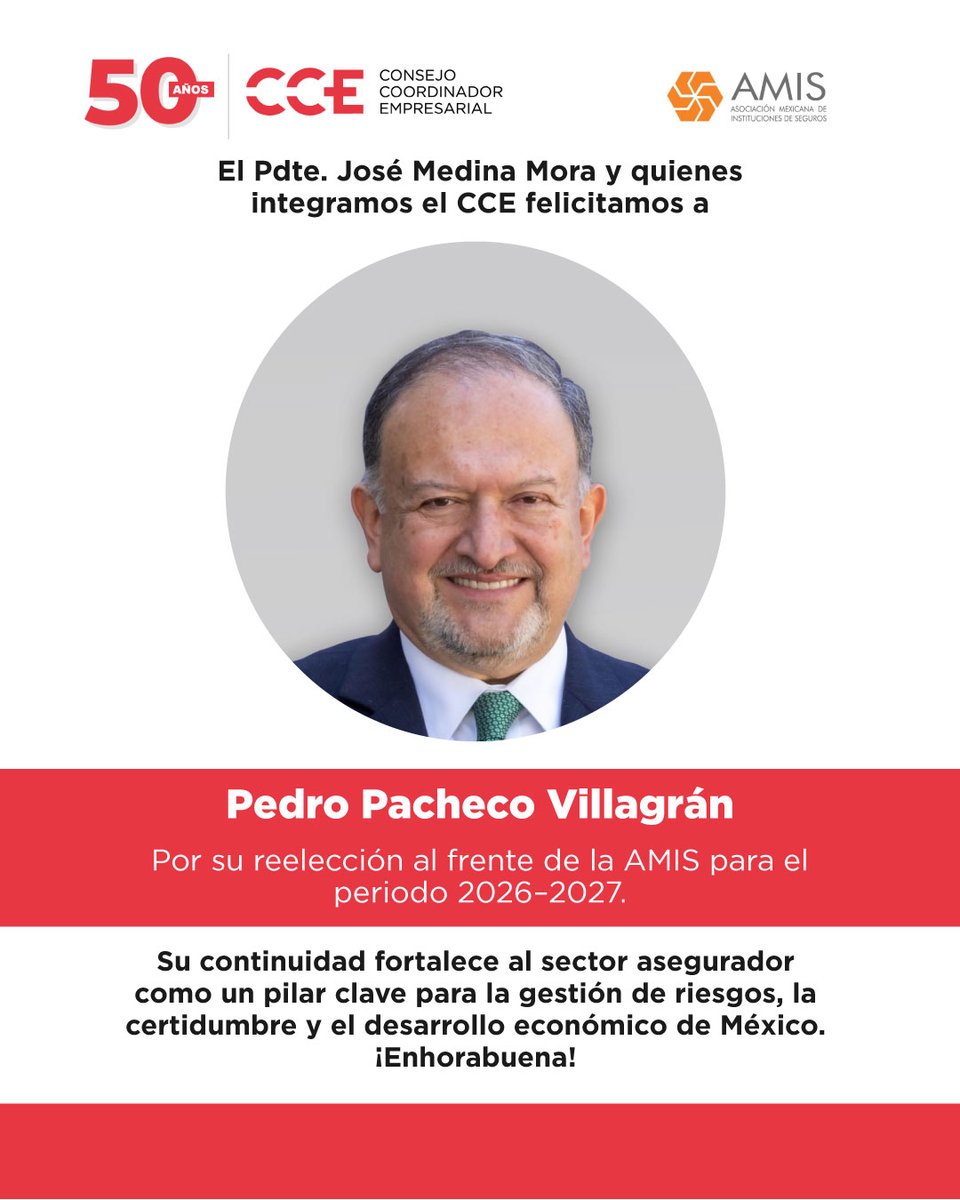 El liderazgo con continuidad es clave para consolidar la confianza, fortalecer la gestión de riesgos y acompañar el crecimiento económico del país.

Desde el sector empresarial, reconocemos el trabajo y la visión del Mtro. Pedro Pacheco al frente de <a href="/AMIS_mx/">AMIS</a>.

¡Muchas