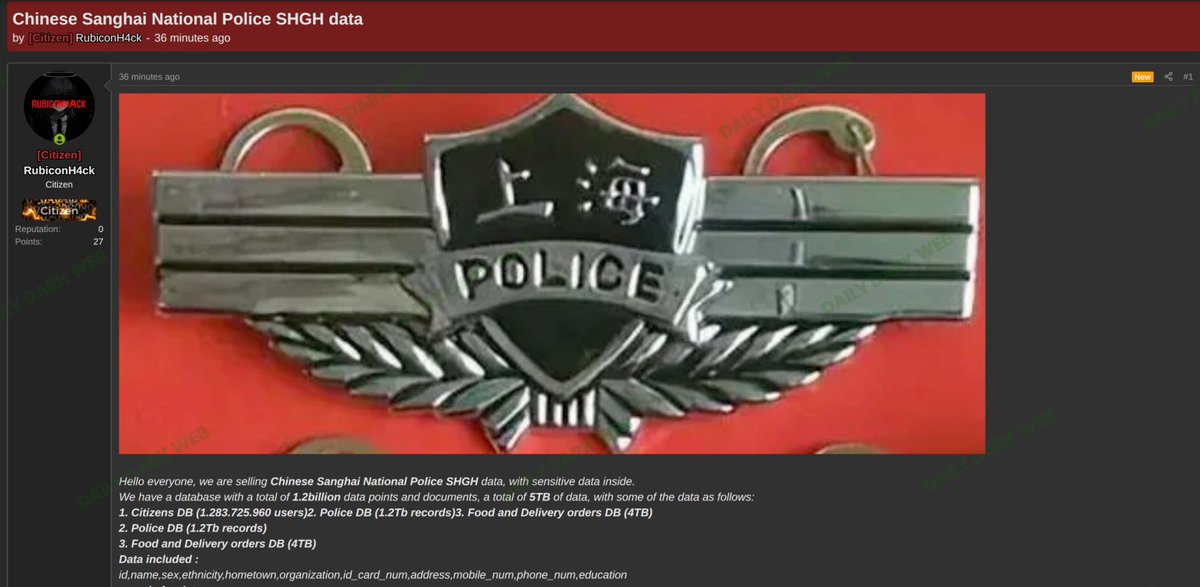 🇨🇳 Massive “Shanghai Police” Dataset Allegedly for Sale on Dark Web

A threat actor claims to be selling a large-scale dataset linked to Shanghai National Police (SHGH), allegedly containing billions of records and sensitive personal information.

📊 Key Claims:
• ~1.2 billion