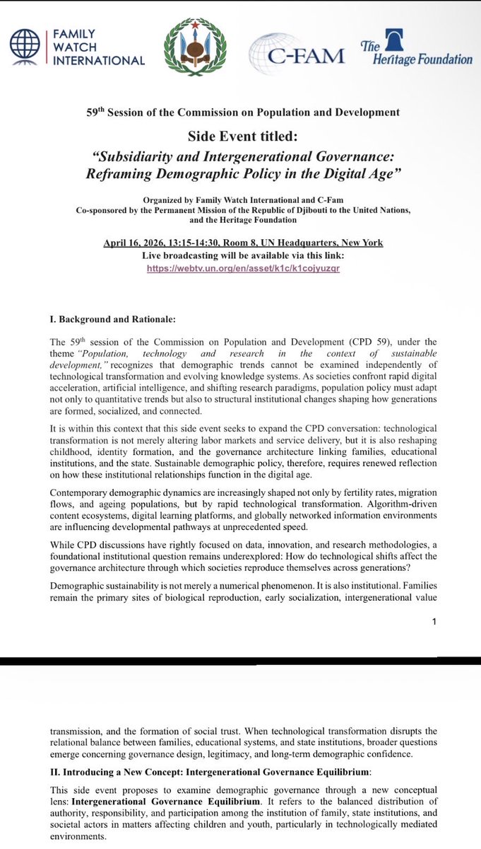 YAMFOF's tweet photo. On the margins of the 59th Session of the #CommissionPopulationDevelopment, Djibouti 🇩🇯 at UN pleased to organize today side event on: 

“Subsidiarity and Intergenerational Governance Equilibrium: Reframing Demographic Policy in the Digital Age.”

#FWI
#CFAM
#HeritageFoundation https://t.co/dNw9lkts5I