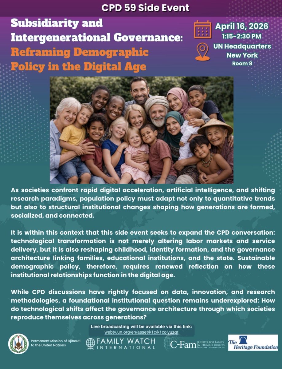 YAMFOF's tweet photo. On the margins of the 59th Session of the #CommissionPopulationDevelopment, Djibouti 🇩🇯 at UN pleased to organize today side event on: 

“Subsidiarity and Intergenerational Governance Equilibrium: Reframing Demographic Policy in the Digital Age.”

#FWI
#CFAM
#HeritageFoundation https://t.co/dNw9lkts5I