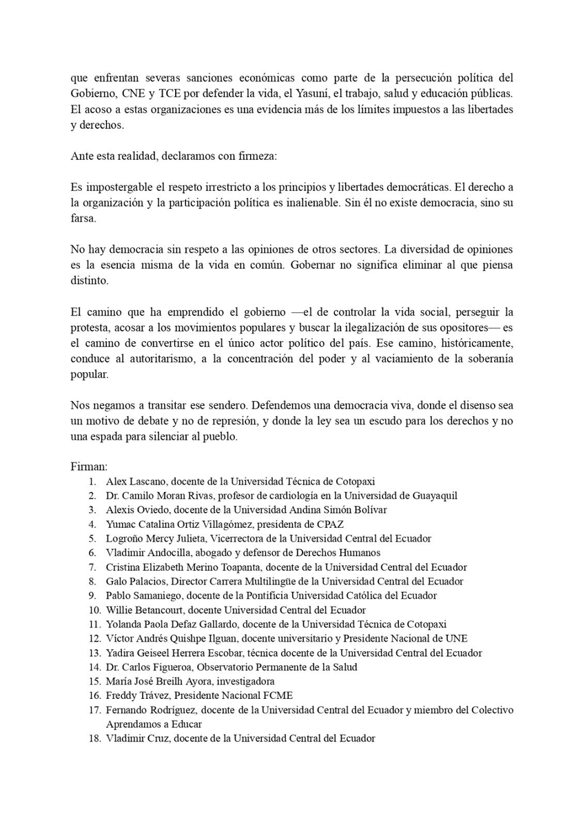 🔴
"Respeto irrestricto a la libertades democráticas" demandan más de 100 académicos, activistas y profesionales, quienes en un manifiesto consideran que el país atraviesa una escalada autoritaria por la ilegalización de organizaciones políticas, la criminalización y persecusión