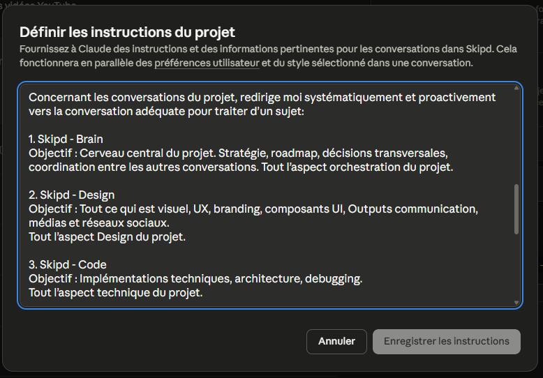melvine_lawson's tweet photo. Oui!
Et oui. C'est précisément fait pour ça
Chaque conversation du projet peut hériter du contenu des autres conversations et y avoir recours.

De plus si tu utilises intelligemment les instructions projet ça se fait automatiquement. 
Ci-après une portion des miennes pour Skipd: https://t.co/pPVnrMfRxF