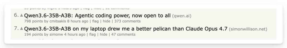 Hacker News front page showing Qwen3.6-35B-A3B at 798 points and a pelican drawing comparison with Claude Opus 4.7