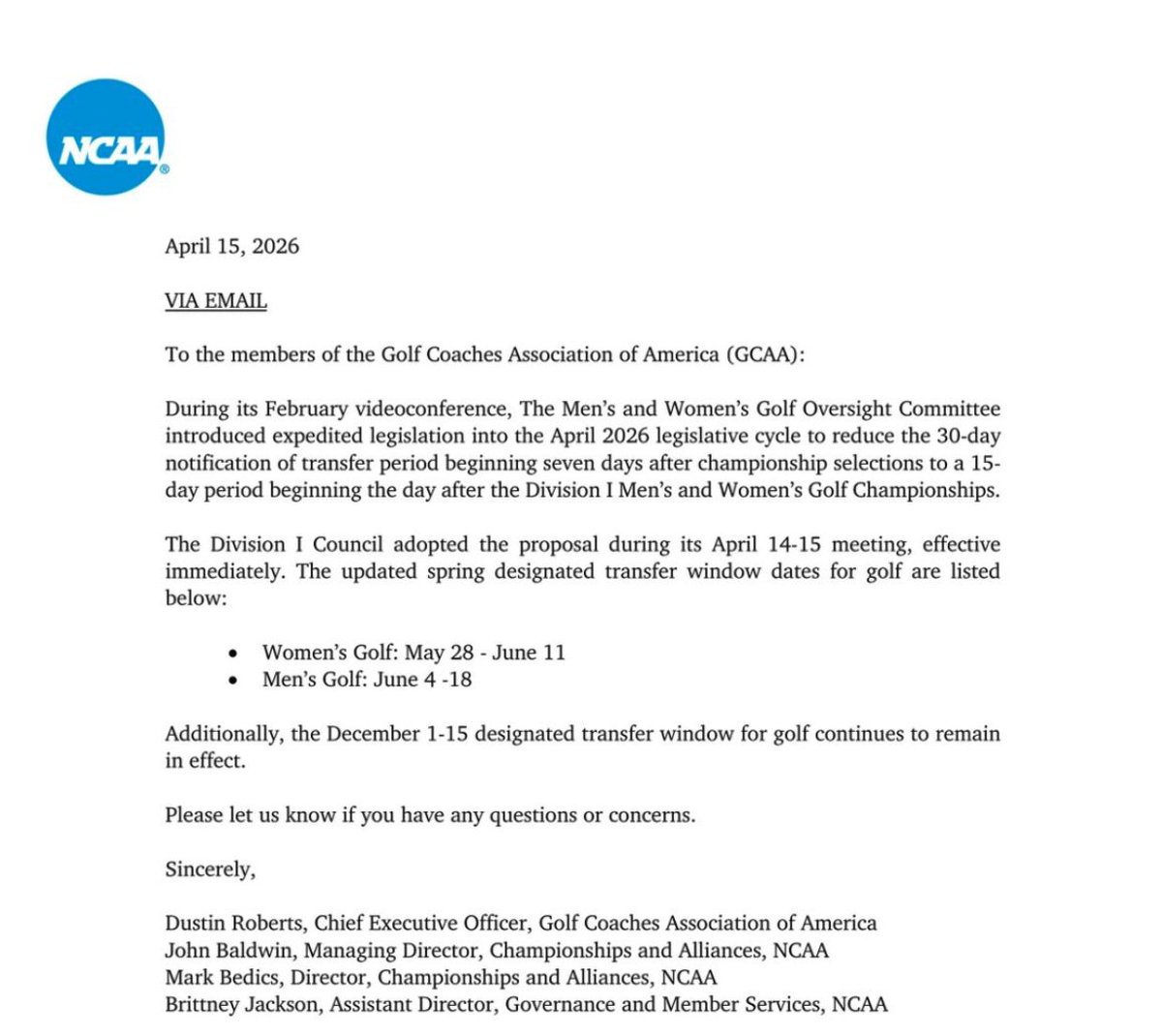 CoachSchiffNCSA's tweet photo. *Breaking News* NCAA has announced a new Division I transfer portal window for men's and women's golf.  The window is reduced to 15 days and begins the day after the completion of the national championships. 

-Women's Golf: May 28-June 11
-Men's Golf: June 4-18 https://t.co/0V1P8ef0co