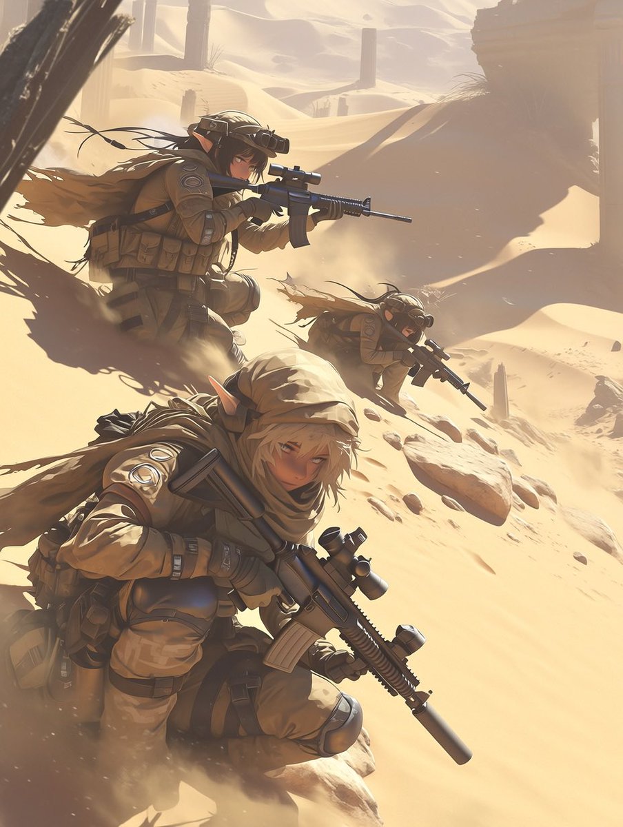 uenrura's tweet photo. The desert keeps its secrets.
Only the wind knows who passed through.
Would you follow their trail?
#DesertOps #TacticalElf #DarkFantasy https://t.co/67Q9QKex1Q