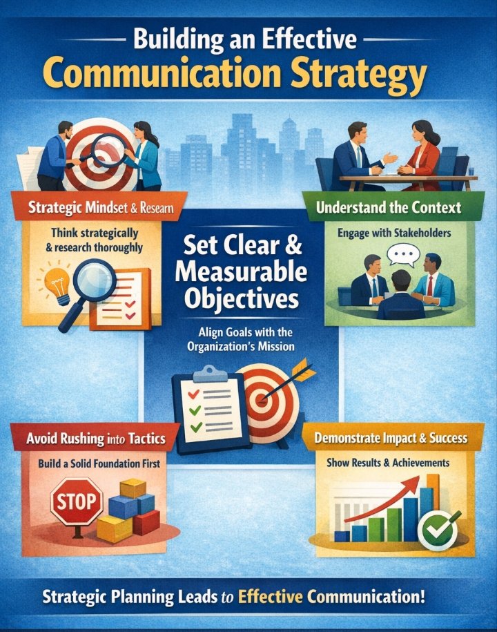 GaleAzaria's tweet photo. A successful communication strategy requires a strategic mindset, thorough research, and clear, measurable objectives. Engaging with stakeholders and understanding the organizational context are critical for developing effective strategies. https://t.co/NhFh7vKp8Q