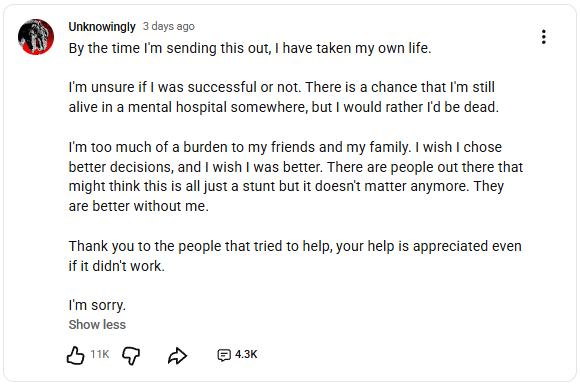 Ok so apparently the reason why unknowingly presumably commited suicide was cause of family drama with friends, not cause of the Godzilla fandom.

My bad on that part. Still, I hope he's alive and safe.