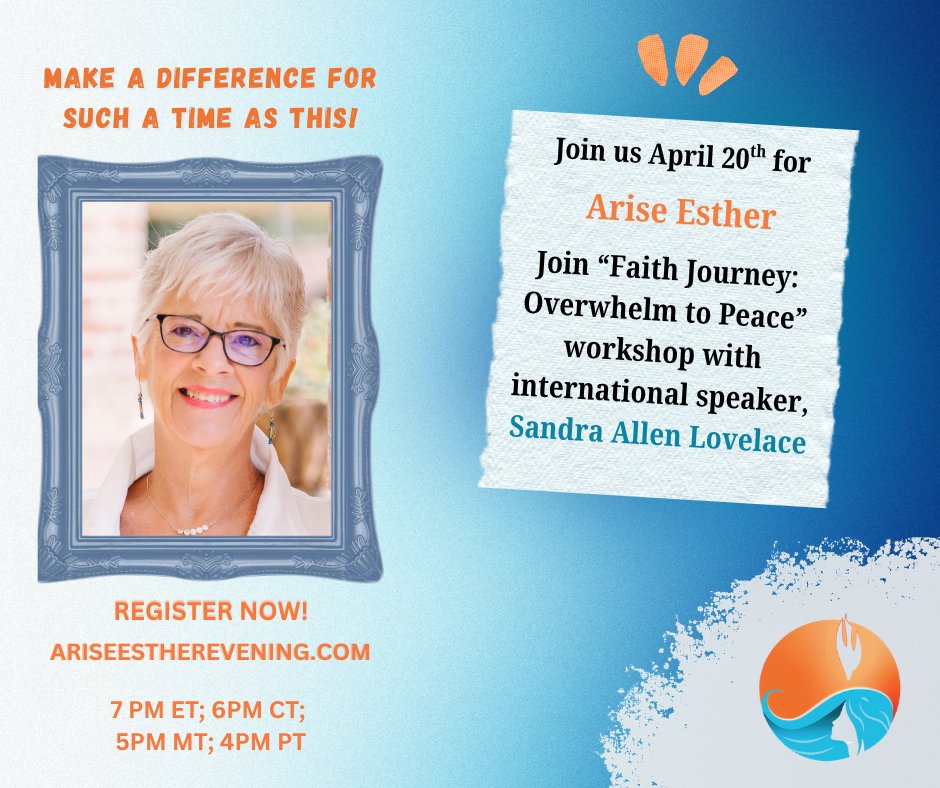 Arise Esther is NEXT WEEK! This evening will feature fabulous workshops with Janet McHenry and Sandra Lovelace, worship lead by Sharon Tedford, inspiration shared by Laine Lawson Craft, and more!

Here is the link to sign up for Arise Esther on April 20th: ariseestherevening.com