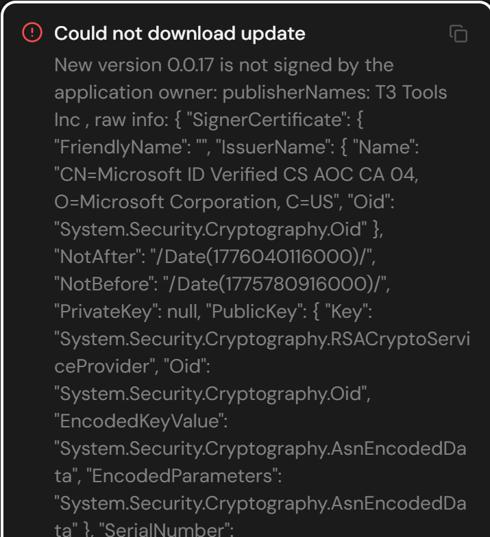markiyanm's tweet photo. @jullerino @theo FYI I get this on Windows trying to update the app. Current version is 0.0.15 trying to go to 17. https://t.co/VSDbINPWSm