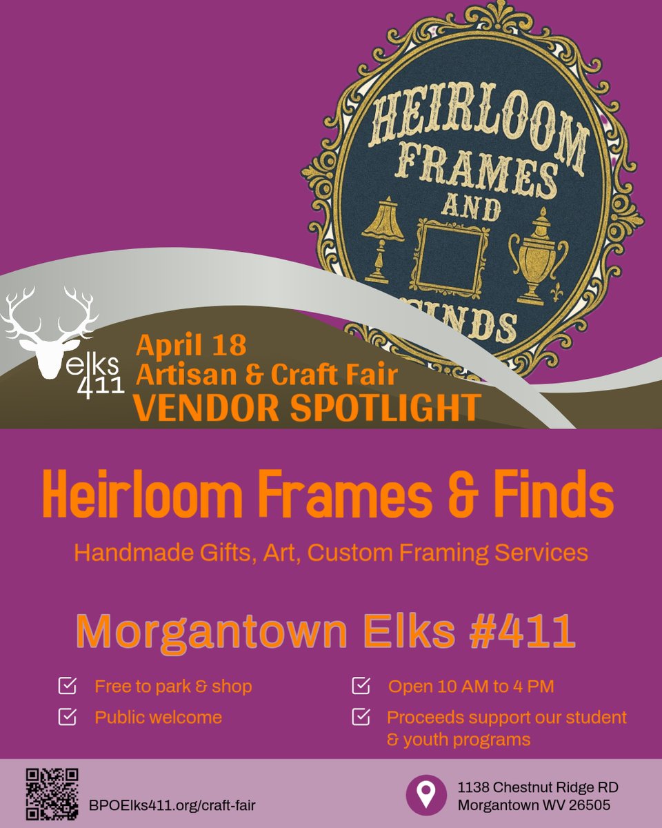 411Elks's tweet photo. The great booths at the Artisan &amp; Craft Fair this Saturday, April 18 -- 11 AM to 4 PM -- include Heirloom Frames &amp; Finds! Head out and check out the great shopping experience!  Open to the public with no fee to shop! See full list of vendors at https://t.co/wOeOlkSt5S https://t.co/VZFZpa8ep6