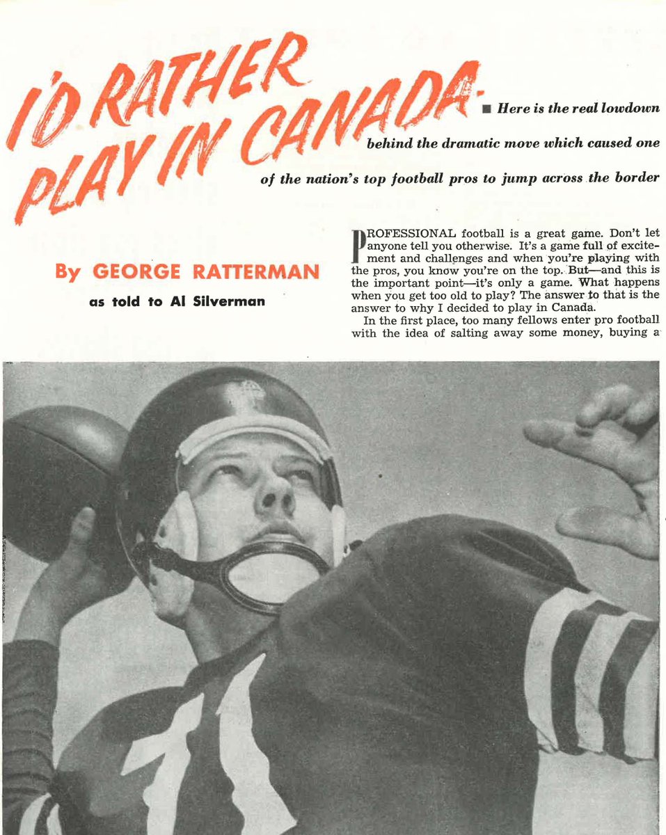 TheCFRS's tweet photo. In 1950 George Ratterman led the NFL in TD passes for NY, then became one of the first US stars to go to Canada, signing with Montreal. NY sued Montreal and lost. He played poorly in Montreal, was released and when he returned to the NFL he was fined $2000 for playing in Canada. https://t.co/puDJUmGrAY