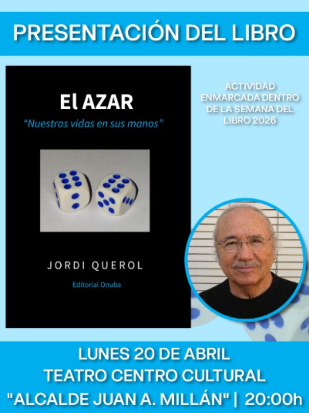 amazgon5's tweet photo. El lunes 20 abril, a las 8 de la tarde, en el teatro "Juan Antonio Millán" de Cartaya, presentaré "El azar", de Jordi Querol. 

Previamente el escritor ofrecerá un breve concierto de piano. 

Nos sentiremos honrados con vuestra presencia, si así lo decidís. 

Gracias. https://t.co/blnkKRnko2