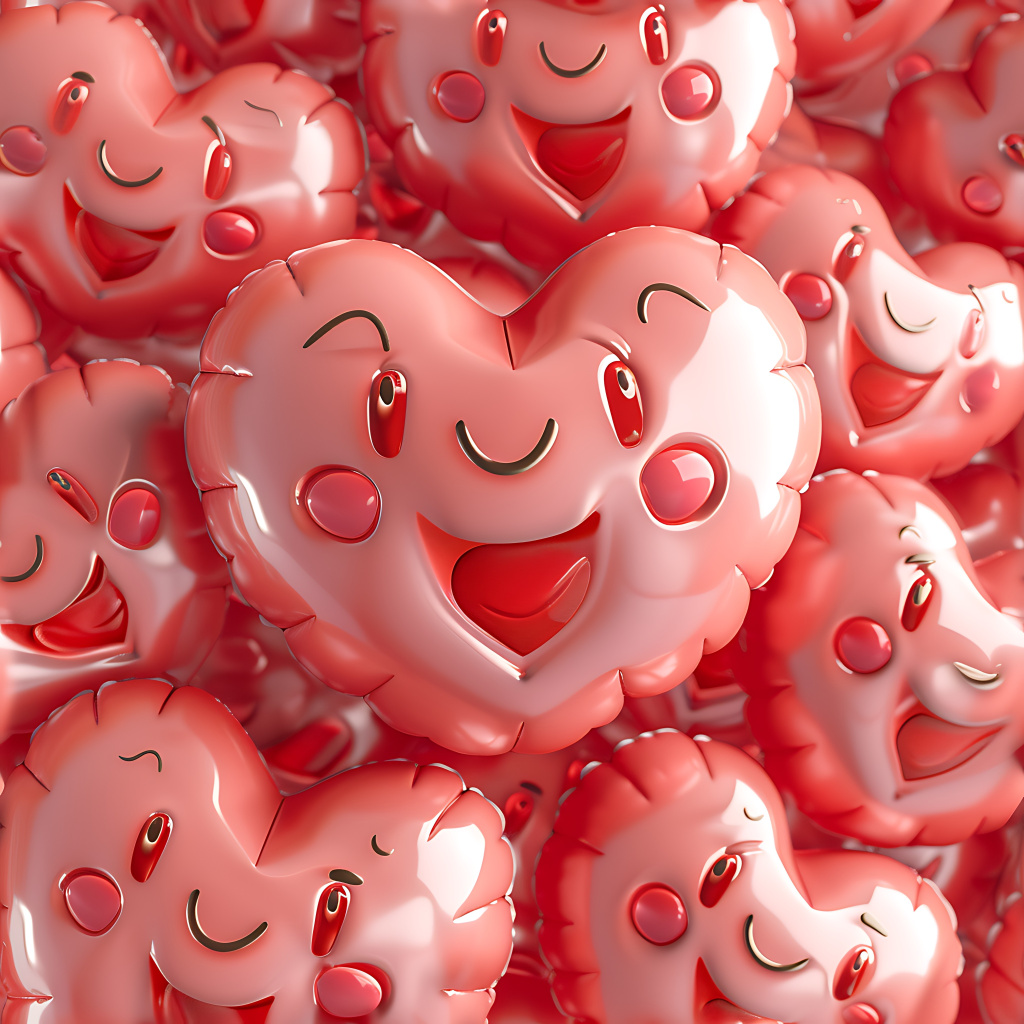 aitextured's tweet image. Seamless 3D Inflated PBR Texture of Glossy Pink Heart-Shaped Vinyl Balloons with Cartoon Faces - free seamless PBR texture (1K-8K). Download: aitextured.com/textures/Infla… #gamedev #texturing