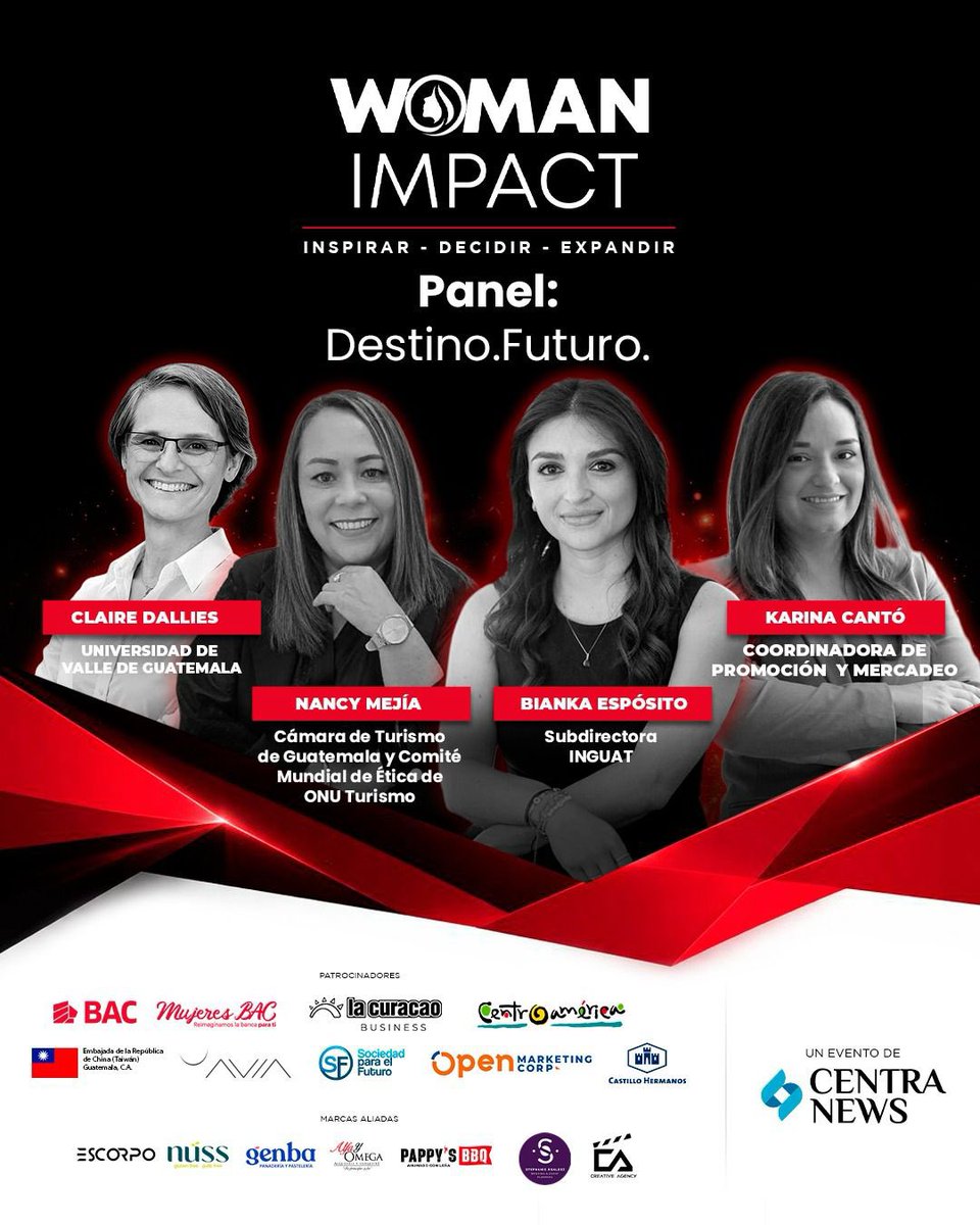 CATA_AgenciaCA's tweet photo. El futuro se construye con decisiones valientes y liderazgo con propósito. 💼🌎🤝🏻

El panel “Destino. Futuro.” de #WomanImpact, reunirá a mujeres que están transformando el rumbo del turismo y el desarrollo en la región:

👩🏻‍💼Claire Dallies, Directora de maestrías en turismo sostenible en Universidad de Valle de Guatemala.

👩🏻‍💼 Nancy Mejía, Director de Cámara de Turismo de Guatemala y Comité Mundial de Ética de ONU Turismo.

👩🏻‍💼 Bianka Espósito, Subdirectora de INGUAT.

👩🏻‍💼 Karina Cantó, Coordinadora de Promoción y Mercadeo de la Agencia de Promoción Turística de Centroamérica (CATA).

Una conversación que inspira, impulsa y abre camino para todas las mujeres listas para liderar, decidir y expandir su impacto.

#WomanImpact #LiderazgoFemenino #DestinoFuturo #CATACentroamérica