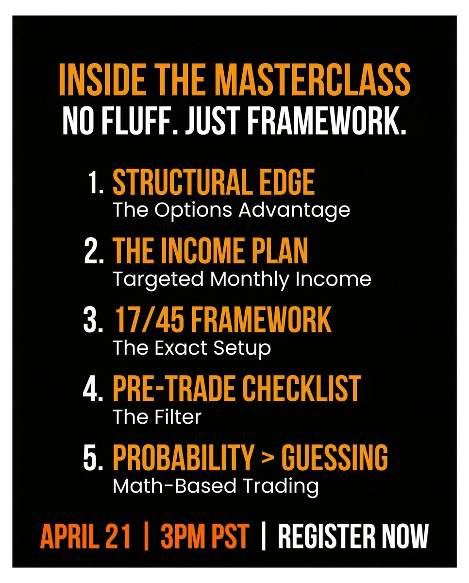 SellSideTrader's tweet photo. 𝗛𝗲𝗿𝗲’𝘀 𝗲𝘅𝗮𝗰𝘁𝗹𝘆 𝘄𝗵𝗮𝘁 𝗜’𝗺 𝘁𝗲𝗮𝗰𝗵𝗶𝗻𝗴 𝗶𝗻 𝘁𝗵𝗲 𝗳𝗿𝗲𝗲 𝗺𝗮𝘀𝘁𝗲𝗿𝗰𝗹𝗮𝘀𝘀 (𝗻𝗼 𝗳𝗹𝘂𝗳𝗳): 

Not vague ideas.
Actual frameworks you can use immediately.

𝟭. 𝗧𝗵𝗲 𝘀𝘁𝗿𝘂𝗰𝘁𝘂𝗿𝗮𝗹 𝗲𝗱𝗴𝗲 

Why options sellers have a built-in advantage
—and why most traders never actually use it

𝟮. 𝗧𝗵𝗲 𝗶𝗻𝗰𝗼𝗺𝗲 𝗽𝗹𝗮𝗻 

How to go from
“random trades” → “targeted monthly income”

𝟯. 𝗧𝗵𝗲 𝟭𝟳/𝟰𝟱 𝗳𝗿𝗮𝗺𝗲𝘄𝗼𝗿𝗸 

The exact setup I use
(and how to apply it in under 60 seconds)

𝟰. 𝗧𝗵𝗲 𝗽𝗿𝗲-𝘁𝗿𝗮𝗱𝗲 𝗰𝗵𝗲𝗰𝗸𝗹𝗶𝘀𝘁 

The filter that removes bad trades
before you even enter

𝟱. 𝗣𝗿𝗼𝗯𝗮𝗯𝗶𝗹𝗶𝘁𝘆 > 𝗴𝘂𝗲𝘀𝘀𝗶𝗻𝗴 

How I stopped predicting direction
—and started using math instead

Live Q&A at the end
Bring your trades, I’ll break them down live

This is not a pitch.

It’s the actual framework I use — condensed into one session.

👉 If you’re still:
→ Switching strategies
→ Second guessing entries
→ Forcing trades

You need this.

👉 Register here: https://t.co/c7AvQui18C 
April 21 • 3PM PST / 6PM EST 
#OptionsTrading #Trading