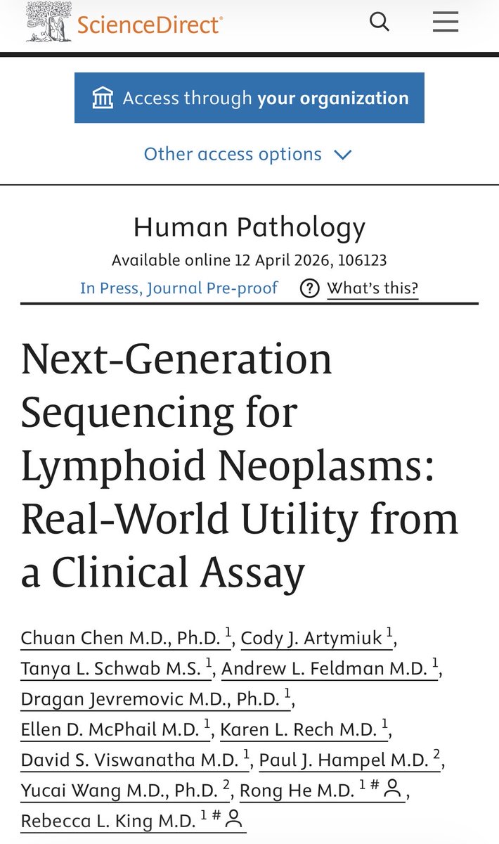 DrChuanChen's tweet image. I am thrilled to share that our work on the real-world utility of lymphoma NGS has been published in  @Human_Pathology . Many thanks to Dr. King and Dr. He for their incredible mentorship on this project. @MayoClinicPath 
sciencedirect.com/science/articl…