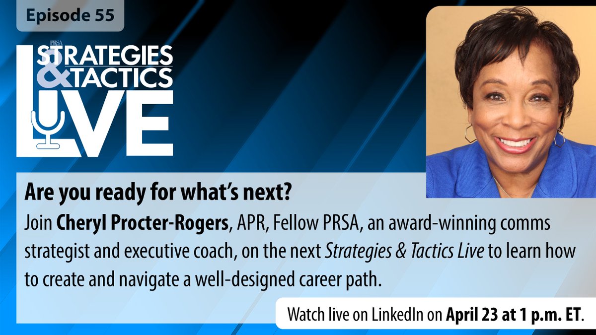 PRSA's tweet image. What’s your next move?
Join Cheryl Procter-Rogers, APR, Fellow PRSA, on S&amp;amp;T Live to talk career strategy + growth.

🗓 April 23 | 1 PM ET
👉 Join live: bit.ly/4sCqYOw

#PRSA #CareerGrowth #PR