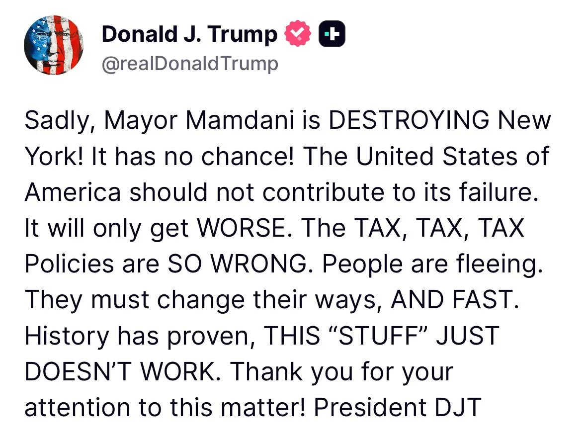 MarioNawfal's tweet photo. 🚨🇺🇸 Trump and NYC Mayor Mamdani are back to fighting. Again.

One week they're cozying up in the Oval Office. 

The next, Trump is posting "Mayor Mamdani is DESTROYING New York" in all caps like a breakup text at 2am.

This political relationship has more mood swings than a rom com.

Somebody check if Trump sent the "it's funny how..." text before this one😂