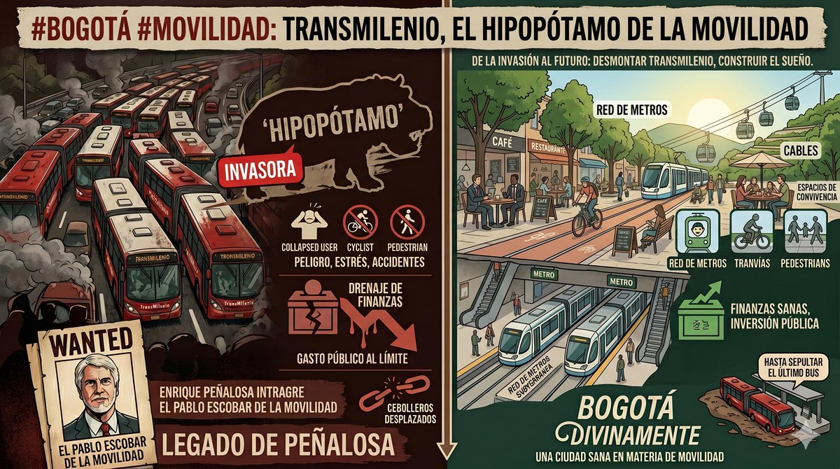 TransMilenio es otra especie invasora que se salió de control.

En los 2000, Peñalosa importó este modelo desde Brasil. Al igual que los hipopótamos, TransMilenio encontró un entorno perfecto: alta demanda de movilidad, falta de alternativas reales, ciudad en expansión.

🧵