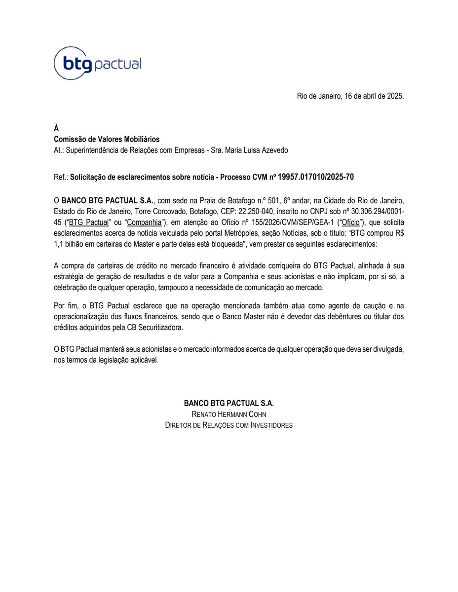 RiscoRetorno's tweet image. #BPAC11 #BPAC3 #BPAC5 — O BTG Pactual esclarece à CVM que a compra de carteiras de crédito citada em notícia é operação rotineira, alinhada à sua estratégia, sem impacto relevante ou necessidade de fato relevante. O banco seguirá informando o mercado conforme a lei.