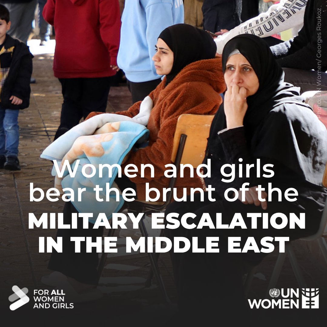 UN_Women's tweet photo. Thousands of casualties have been reported across the Middle East—including nearly 500 women killed and more than 5,000 injured.

This horror must come to an end.

🔗 Learn more: https://t.co/eqWpz5PEXM
 
#ForAllWomenAndGirls https://t.co/L5IFF2fDUg