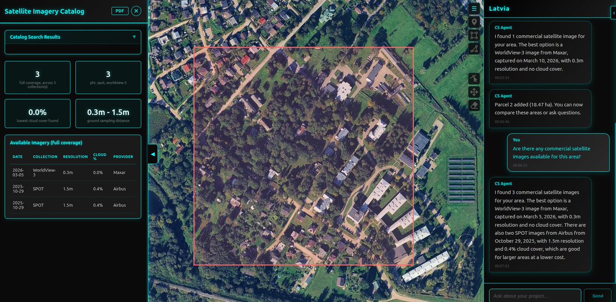 KThorfiinncs's tweet photo. not every area has free sub-meter imagery.
so i connected CS agent to commercial satellite providers.
one query : full catalog of available scenes (maxar, airbus ...) with resolution, cloud cover, and date. you pick, you order.
#GeoAI #EarthObservation #BuildInPublic #Maxar #RemoteSensing