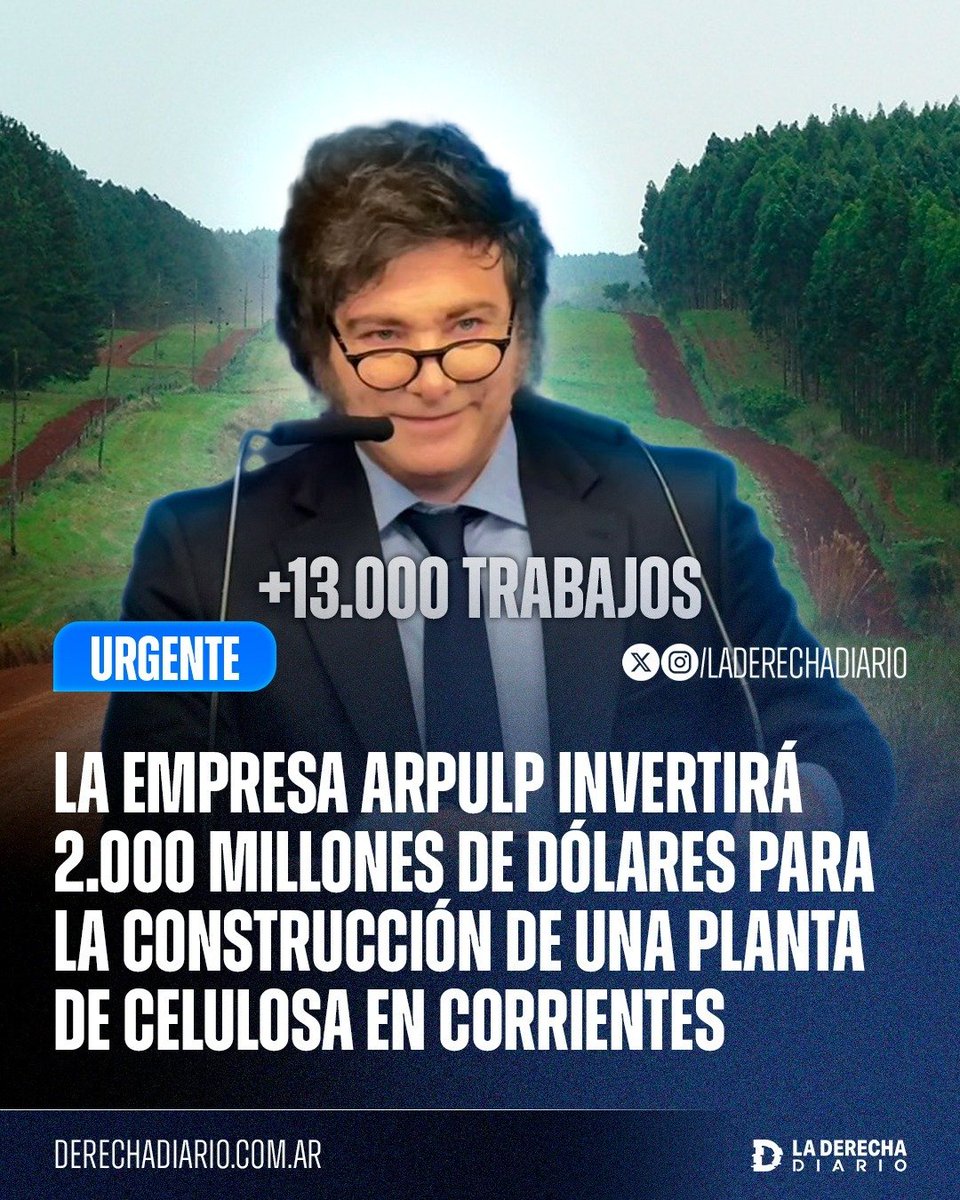 🇦🇷🚀 | INVERSIÓN HISTÓRICA EN ARGENTINA: La empresa argentina ARPULP anunció una inversión de 2.000 millones de dólares para la construcción de la planta de celulosa fluff más grande del mundo en Corrientes, la cual generará 13 mil puestos de trabajo.