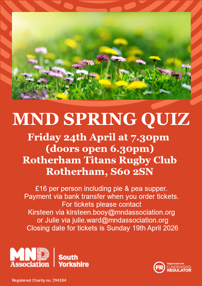 MNDA_SY's tweet photo. Next week is the MND Spring Quiz at Rotherham Titans Rugby Club. Get your tickets before Sunday https://t.co/v27Kmb1IKP