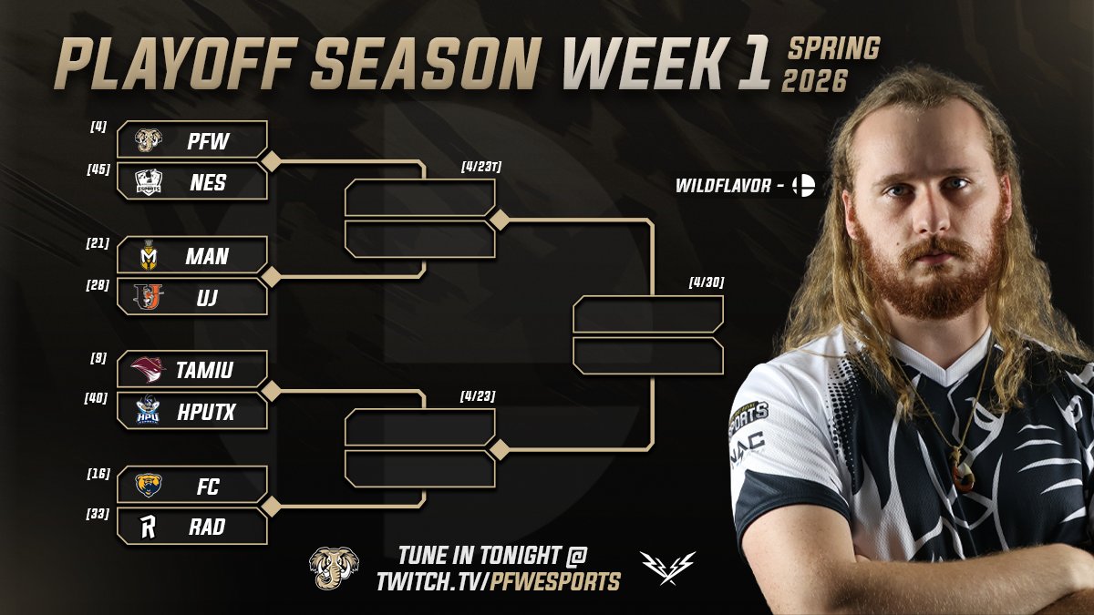 pfwesports's tweet photo. The final matches of the playoff quarterfinals begin tonight at 7! Tune in to catch our Smash Gold team take on Northeast State, followed by the Smash Black team at 8:30 against Truman State. #GoDons https://t.co/lf6gBqtY9i