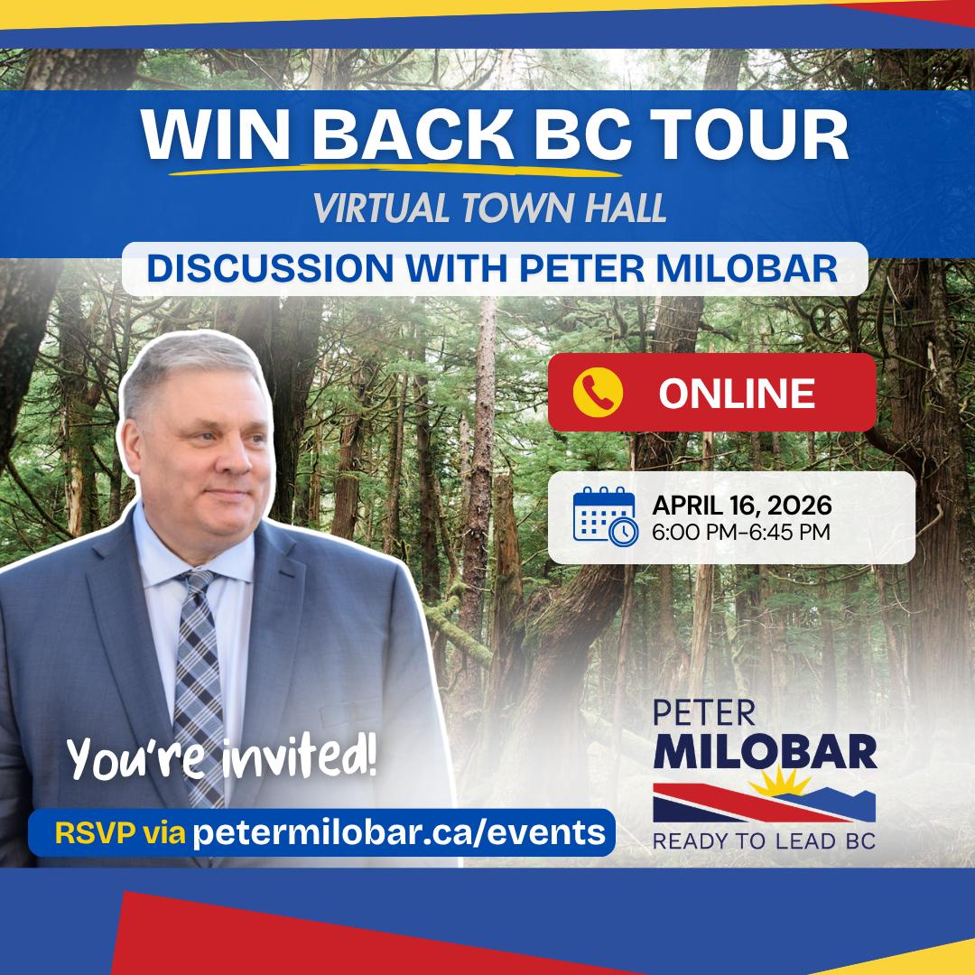 PeterMilobar's tweet photo. TODAY: Join us for a virtual town hall to discuss the issues that matter most to you.

With only a couple of days left in the leadership race, this is your opportunity to connect directly and talk about how we win back BC.

RSVP here: https://t.co/7bvNZl3Gcl

#bcpoli #readytoleadbc