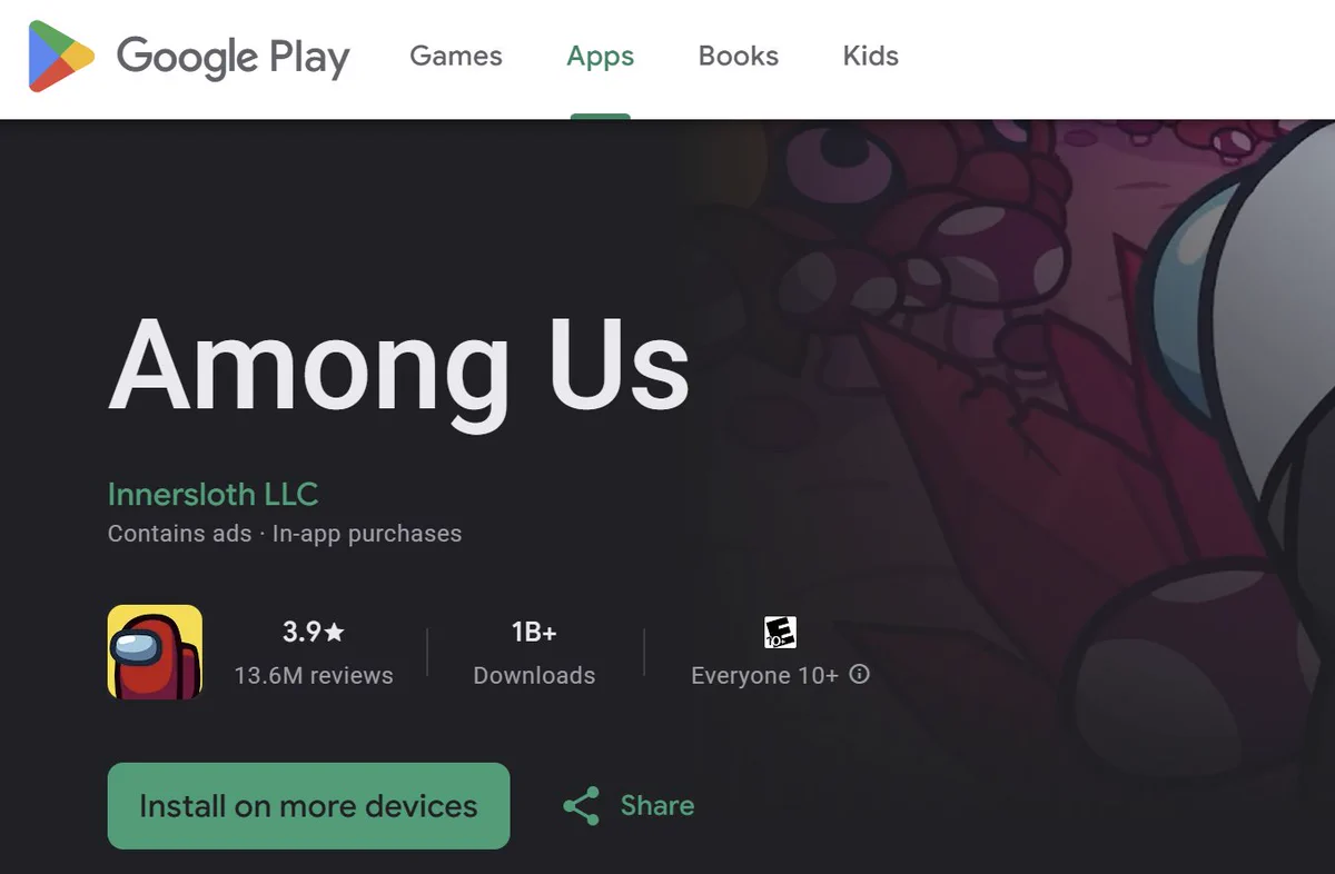 Screenshot of the Among Us game on Google Play, with 1B+ downloads