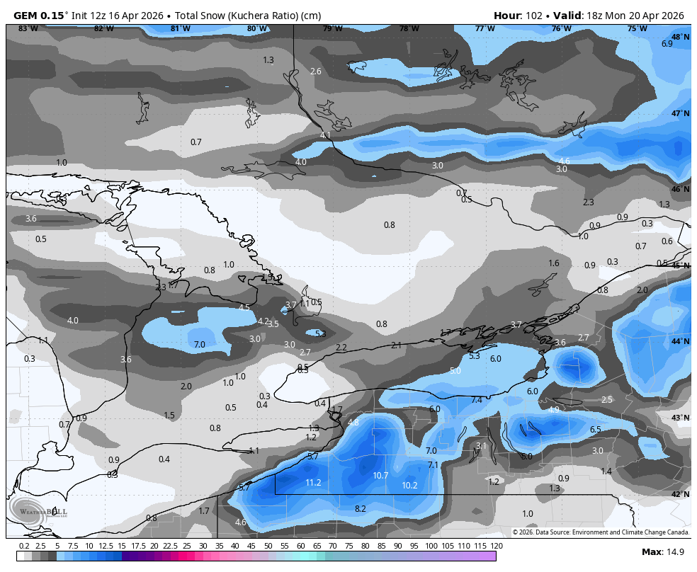 WxOntario1's tweet image. Don't put away the snowbrush just yet! ❄️

A dusting/ couple cm's of snow possible Sunday PM into Monday AM across parts of Southern #Ontario, especially areas East of Lake #Huron and SE of #GeorgianBay

Good news, with the string sun angle the snow shouldn't stick around long
