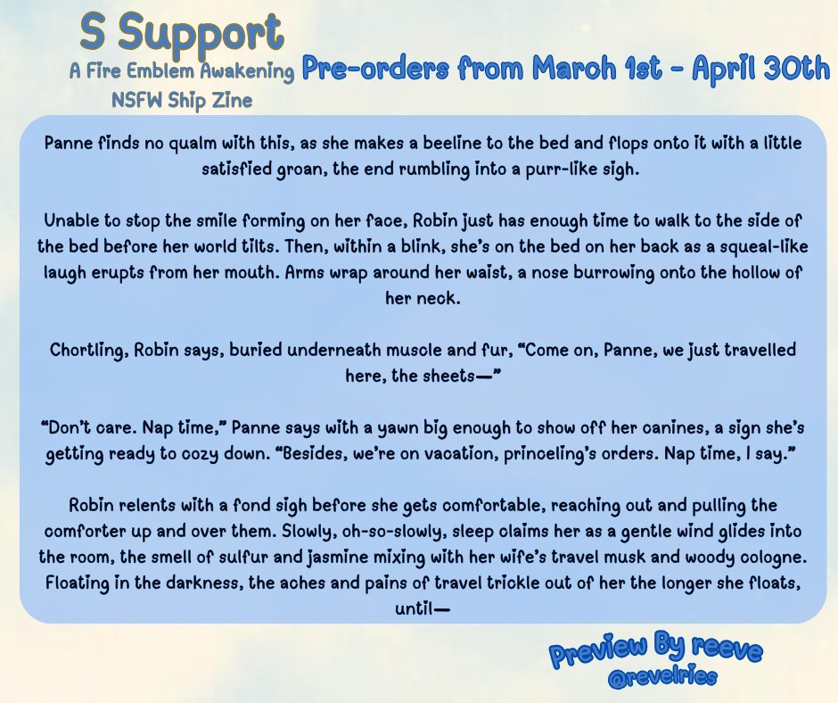 FEA_lovezine's tweet photo. This tantalizing Fire Emblem Awakening S Support Zine preview is for reeve's Panne / Robin smut fic ππ Pre-orders close April 30th
#fireemblem #FireEmblemAwakening #γγ‘γ€γ’γΌγ¨γ γγ¬γ #FE13 #Pannefe #Robinfe https://t.co/RvbFE63W9u