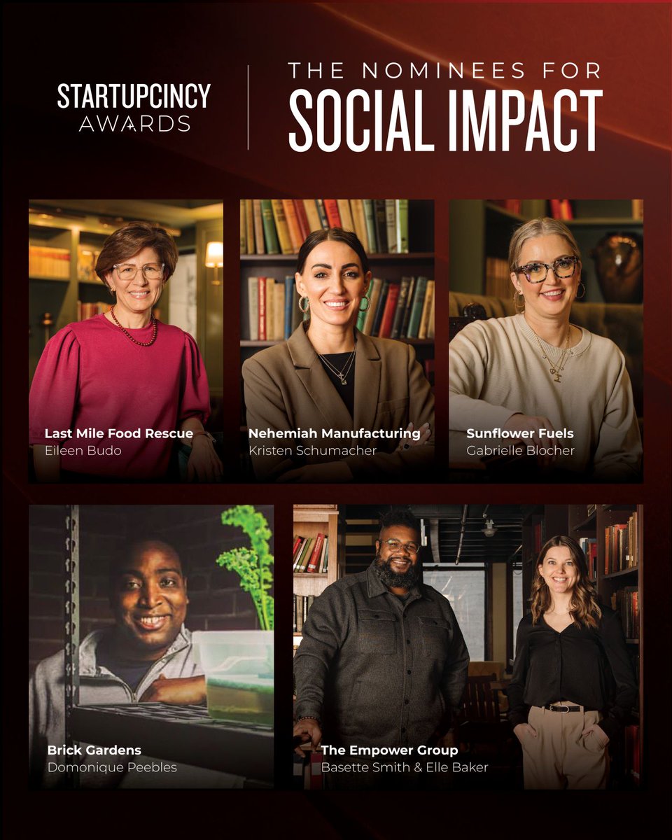 StartupCincy's tweet photo. We’re excited to celebrate the nominees for the Social Impact Award, presented by REDI Cincinnati, at this year’s StartupCincy Awards:

🌱 Brick Gardens
🚚 Last Mile Food Rescue 
💼 Nehemiah Manufacturing 
🌾 Sunflower Fuel
🤝 The Empower Group https://t.co/INYuoJT1wb