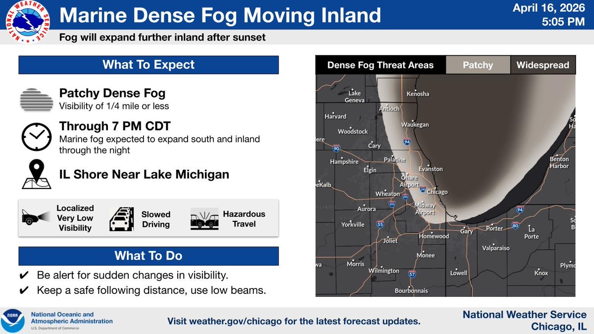 NWSChicago's tweet image. Patchy dense marine fog has developed along the IL shore of Lake Michigan. While fog should only impact areas along the IL lakeshore this evening, fog should begin to spread inland overnight. Use caution if traveling near the lake this evening! #ILwx #INwx