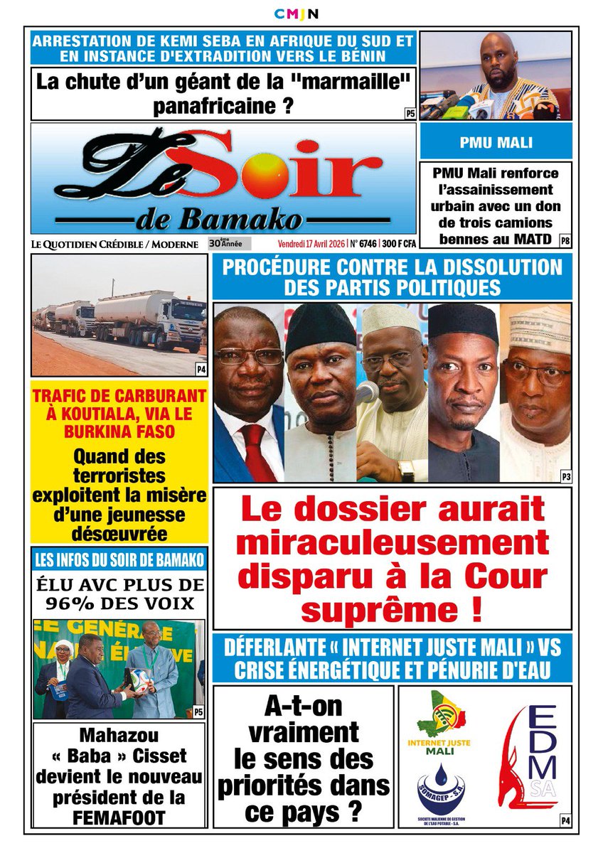Lesoirdebamako's tweet image. UNE 🇲🇱 17/04/2026 | #Mali #EDM #KemiSeba #PMU #Carburant