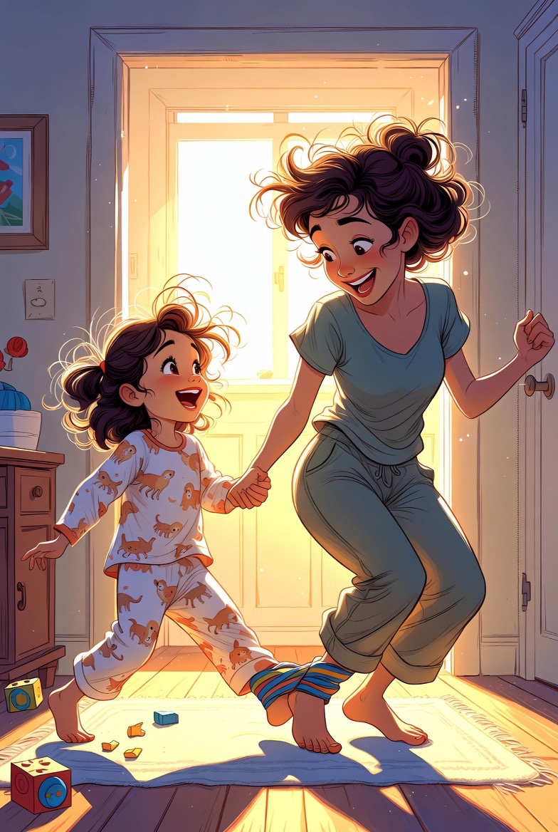 La logística de las mañanas suele ser una guerra contra el reloj, pero hoy hemos cambiado las prisas por una carrera a tres piernas hasta el baño.

Papá/Mamá y peque, unidos por el tobillo, intentando no caerse mientras vamos a vestirnos.

Resultado:
• Menos dramas por el sueño.