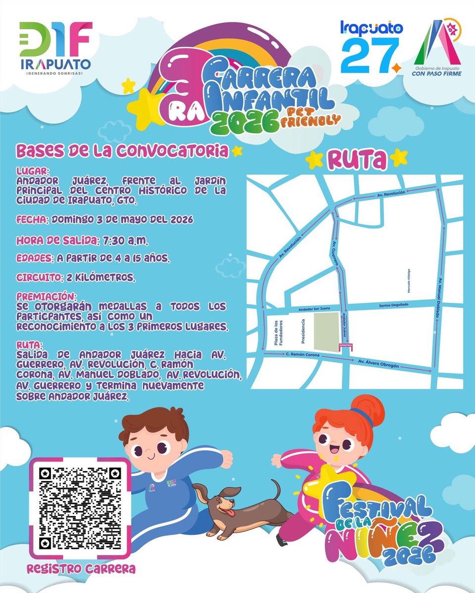 Pequeños pasos, grandes sonrisas🏃‍♀️💛🐾

Llega la 3ª Carrera Infantil pet friendly del <a href="/DIFIrapuato/">DIF Irapuato</a>, como parte del Festival de la Niñez 2026.

Un momento para correr, jugar y compartir con quienes más queremos… incluyendo a nuestros lomitos. 🐶✨

¡Consulta las bases! 👇🏼