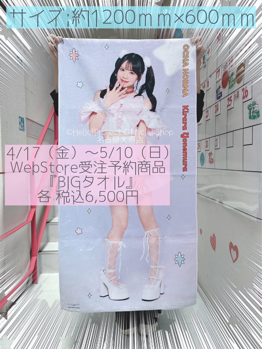 hello_shop_nago's tweet photo. ✨4/17（金）～5/10（日）WebStore受注予約商品✨

『BIGタオル』 各 税込6,500円

その名の通り“BIG”‼️
155cmのスタッフが持ったサイズ感です🎶
ご予約でしか手に入らない商品ですので、お見逃しなく💫
名古屋大須店ではOCHA NORMA 米村姫良々さんのサンプルを展示中❤️🪄
https://t.co/8QB9IvU2md https://t.co/sBAIC4unhF