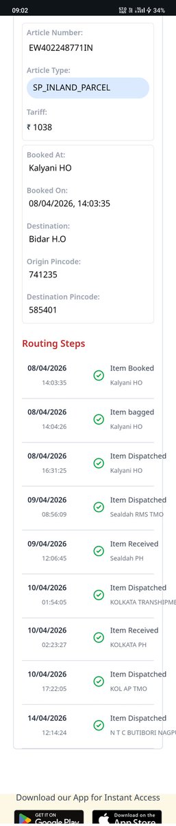 debgupta's tweet photo. @IndiaPostOffice A speed post item EW402248771IN booked on 8April till date today 17April not received. What type of service is this? Where courier companies take just 3 days here almost 10 days  to pass. A delivery from a Megacity to District headquarter.
@PMOIndia @JM_Scindia https://t.co/Dp5m0I3EtT