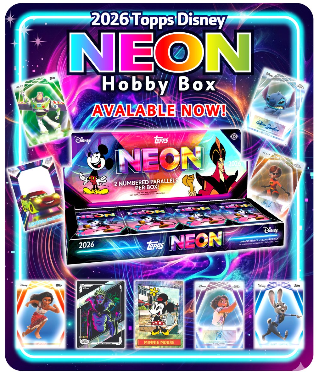 BROG_SUIDOBASHI's tweet image. 🌈2026 Topps Disney Neon Hobby Box🌈

🔥本日発売！🔥

ディズニーの世界を
鮮やかなネオンデザインで彩るHobby Boxが登場！
パラレル、オート、スケッチなど
見どころ満載の1箱です！

本日も20:00まで営業です。

#Disney #Topps #tradingcards #tokyo #suidobashi