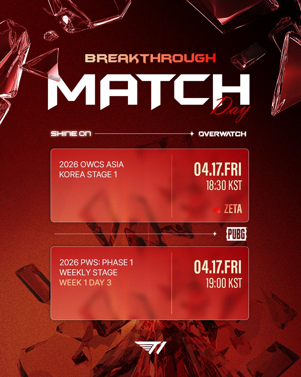 T1_official_gg's tweet image. [IT’S TIME | Apr. 17]

𝟐𝟎𝟐𝟔 𝐎𝐖𝐂𝐒 𝐀𝐬𝐢𝐚: 𝐊𝐨𝐫𝐞𝐚 𝐒𝐭𝐚𝐠𝐞 𝟏

🆚 ZETA
⏰ 18:30 KST
📺 sooplive.com/station/owespo…
-

𝟐𝟎𝟐𝟔 𝐏𝐖𝐒: 𝐏𝐇𝐀𝐒𝐄 𝐖𝐄𝐄𝐊𝐋𝐘 𝐒𝐓𝐀𝐆𝐄

👊 Week 1 Day 3
⏰ 19:00 KST
📺 sooplive.com/station/pubg

#TogetherAs1 #Breakthrough #T1WIN