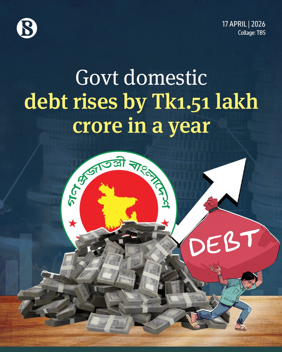 tbsnewsbd's tweet image. The government's domestic borrowing has surged to a record level amid weak revenue collection and rising expenditure pressures, including election-related spending and support for the banking sector.

link in comments

#DomesticDebt #Bangladesh #TBSNews